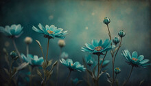 Serenade In Teal, Painted Flowers On A Moody, Textured Background Infused With Subtle Depth