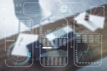 Poster - Multi exposure of stats data illustration and modern desktop with computer on background, computing and analytics concept