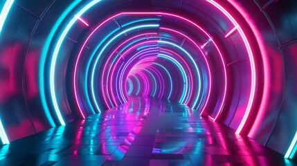 Surrealistic futuristic tunnel rendered in vibrant neon colors, creating an immersive environment for modern, creative displays