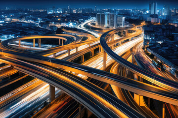 Poster - Bustling City Traffic on Multi-Level Interchange at Night