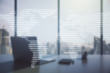 Poster - Multi exposure of abstract graphic world map and modern desktop with pc on background, big data and networking concept