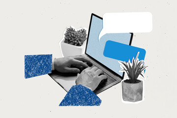 Aufkleber - Composite trend artwork sketch collage of speech bubble textbox mind cloud message hand hold type write sms laptop display office flower