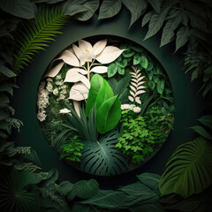 Poster - Elegant Tropical Plants Circular Design on Dark Background