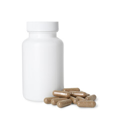 Sticker - Bottle and pile of vitamin pills isolated on white