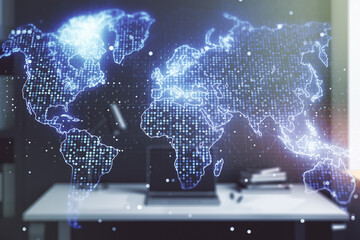 Aufkleber - Abstract creative world map and modern desktop with computer on background, international trading concept. Multiexposure