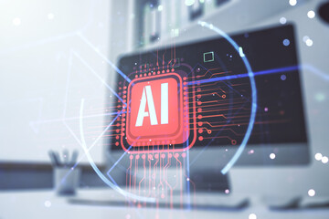 Poster - Double exposure of creative artificial Intelligence abbreviation and modern desk with computer on background. Future technology and AI concept