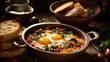 Mediterranean dish shakshuka with eggs in pot, bread and vegetables, food background