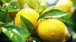 Fresh lemons on branch, sunlight and morning dew against blurred green background