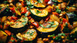 Mediterranean freshly baked ratatouille with eggplants and tomatoes, food background