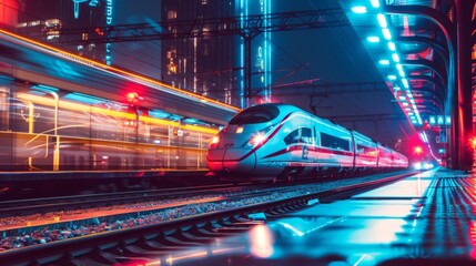 Aufkleber - A high-speed train station at night, illuminated with vibrant lights, modern infrastructure