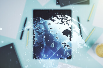 Aufkleber - Multi exposure of abstract programming language hologram with world map and modern digital tablet on background, artificial intelligence and neural networks concept