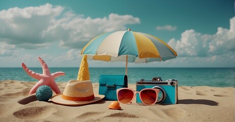 Retro camera and sunglasses on the beach. Travel and vacation concept