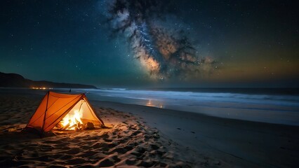 Wall Mural - camping on the beach at night with starry sky and milky way