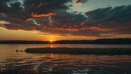 Wall Mural - Sunset over the lake with clouds reflected in the water. Beautiful summer landscape.