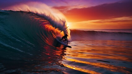 Wall Mural - Surfer on Amazing Blue Ocean Wave at Sunset. Beautiful Sunset.
