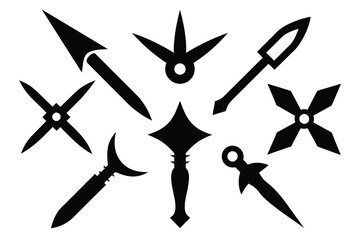 Set of Kunai Blade Icon, Ninja Weapons black Silhouette Design with white Background and Vector Illustration