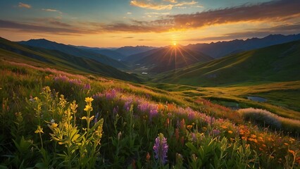 Wall Mural - Sunset in the alpine meadow with lupine flowers