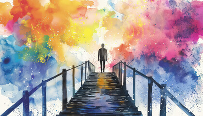 Wall Mural - A man is walking across a bridge with a colorful sky in the background