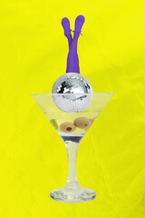 Poster - Composite trend artwork sketch image photo collage of incognito person wear huge disco ball retro music play relax martini cocktail drunk