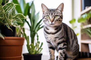 Canvas Print - Full-length portrait photography of a smiling american shorthair cat back-arching over indoor plant