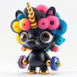 Funny black unicorn girl cartoon character in 3d design style with colorful rainbow mane curly hair making exercises with dumbbells at gym. Cute fairytale fantasy animal concept