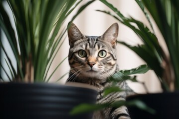 Canvas Print - Lifestyle portrait photography of a curious american shorthair cat staring onn indoor plant