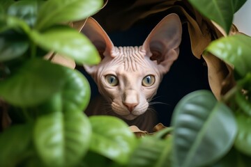 Canvas Print - Environmental portrait photography of a cute sphynx cat climbing over indoor plant