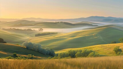 Poster - A panoramic view of the sun rising over rolling hills, rural tranquility at dawn