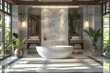 Design a modern bathroom with a large bathtub, double sinks, and a walk-in shower