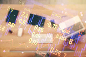 Poster - Double exposure of abstract creative financial diagram on modern laptop background, banking and accounting concept
