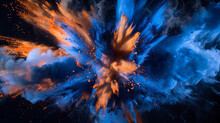 A Powerful Explosion Of Cobalt Blue And Fiery Orange Powder, Mirroring The Vibrant Clash Of Fire And Ice,