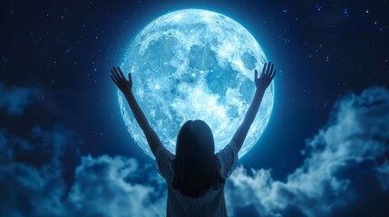 Wall Mural - A woman with arms raised in the air, looking up at a full moon, AI