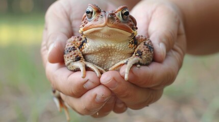 Wall Mural - A person holding a small frog in their hands, AI