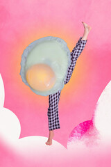 Poster - Composite trend artwork sketch image photo collage of incognito person wear huge food fried breakfast egg woman legs stretching raise kick