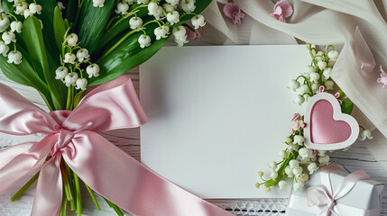 Wall Mural - A romantic composition with a blank greeting card, a bouquet of lily of the valley flowers tied with a pink silk ribbon, and a small gift box adorned with a heart-shaped charm