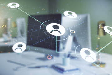 Aufkleber - Social network concept with modern laptop on background. Multiexposure