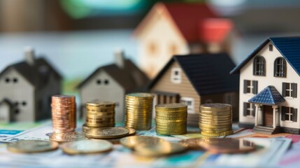 Poster - Stacked coins ascending in front of various house models on a bright background, symbolizing property investment growth.