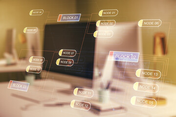 Poster - Multi exposure of abstract software development hologram on laptop background, research and analytics concept