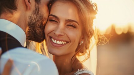 Sticker - A beautiful bride and groom kissing each other on the cheek, AI