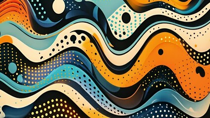 Poster - A dynamic abstract design featuring waves in orange, blue, black, and white with dotted details.