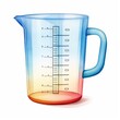 A transparent measuring cup with a blue handle. The cup is marked with measurements in both cups and milliliters.