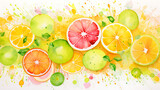 Fototapeta  - A vibrant watercolor splash background in citrus hues, evoking the zest of summer fruits