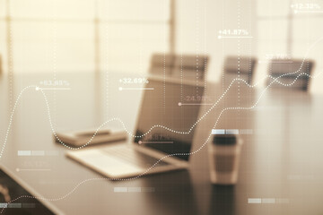 Poster - Multi exposure of creative statistics data hologram on laptop background, stats and analytics concept