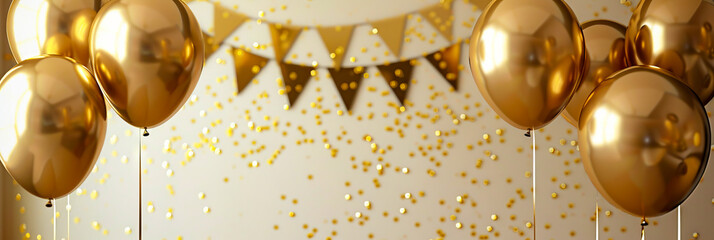 Wall Mural - Gold balloons with confetti and a white background.