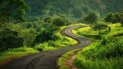 Poster - A serene countryside road winding through lush greenery, inviting exploration
