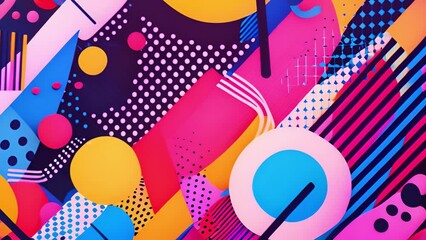 Poster - A colorful abstract composition featuring geometric shapes, dots, and lines against a contrasted backdrop.
