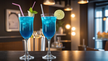 Cool blue cocktail with sparkling bubbles on a blurred summer evening background