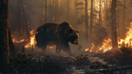 Wall Mural - A bear is walking through a forest with fire in the background