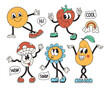 Set of retro groove character. Funny vintage mascot flower, cookie, fruit, speech bubble. Vector cartoon illustration