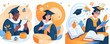 Illustrations with educational scenes. The characters read educational books, study online on a mobile phone and receive a graduation diploma. The concept of online education